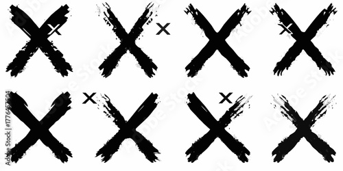Collection of eight black brush stroke letter x symbols with distressed edges and subtle grey shading on white background