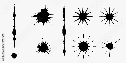 Collection of black ink splatter and starburst shapes on white background