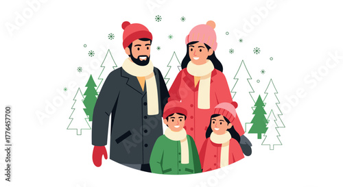 Happy family in winter clothing enjoying a snowy forest outing