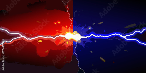 Abstract clash of red and blue energy lightning bolts colliding in a powerful explosion of light