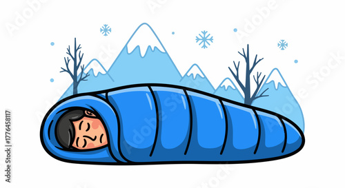 Person sleeping in sleeping bag with snowy mountains