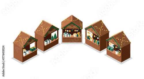 Festive market stalls with gifts and lights in isometric design