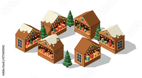 Festive christmas market stalls with snowy roofs and colorful decorations