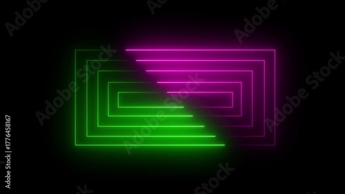 Glowing neon light rectangle, seamless loop empty animation on black background.