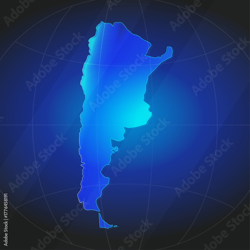 An illustration of Argentina map silhouette with glowing blue color gradient and surrounded by grid globe. Suitable for design element, background, or infographic.
