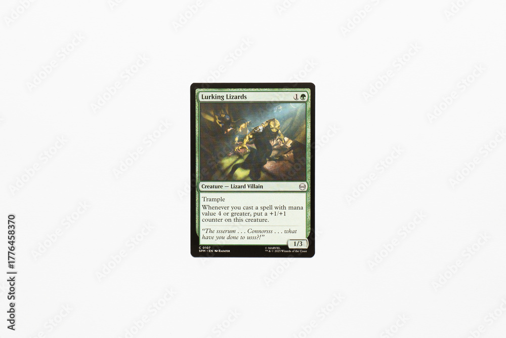 Naklejka premium Bradford, UK Nov 3 2025 Lurking Lizards card from Spider-man magic the gathering card game shot isolated on a white paper background.