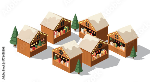 Festive isometric christmas market stalls surrounded by pine trees