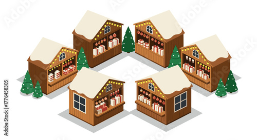 Festive christmas market stalls in hexagonal layout with snowy roofs and decorated trees
