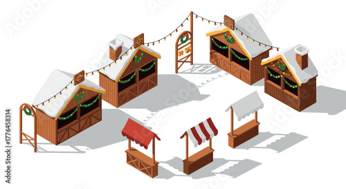 Isometric winter market stalls with holiday decorations and snowy roofs