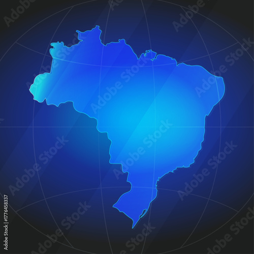 An illustration of Brazil map silhouette with glowing blue color gradient and surrounded by grid globe. Suitable for design element, background, or infographic.