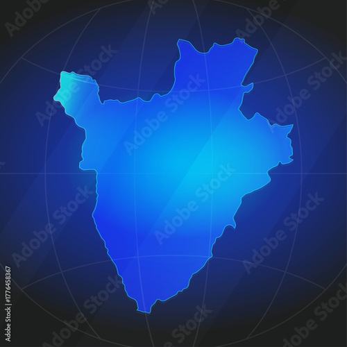 An illustration of Burundi map silhouette with glowing blue color gradient and surrounded by grid globe. Suitable for design element, background, or infographic.