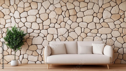 Warm wooden living room with a mix of rustic textures, a soft beige sofa, and a natural stone wall