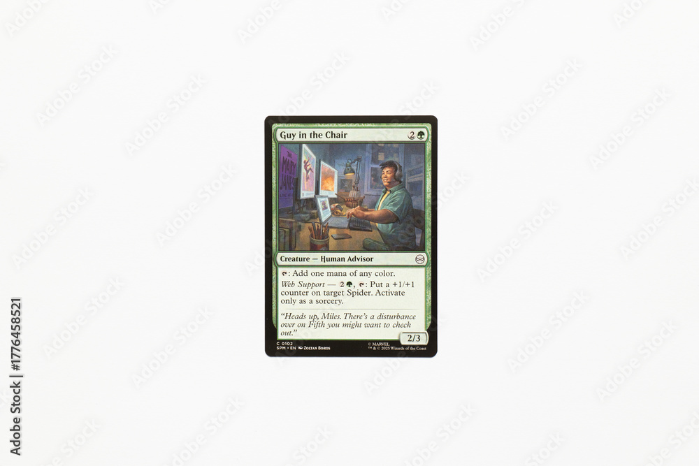 Obraz premium Bradford, UK Nov 3 2025 Guy in the Chair card from Spider-man magic the gathering card game shot isolated on a white paper background.