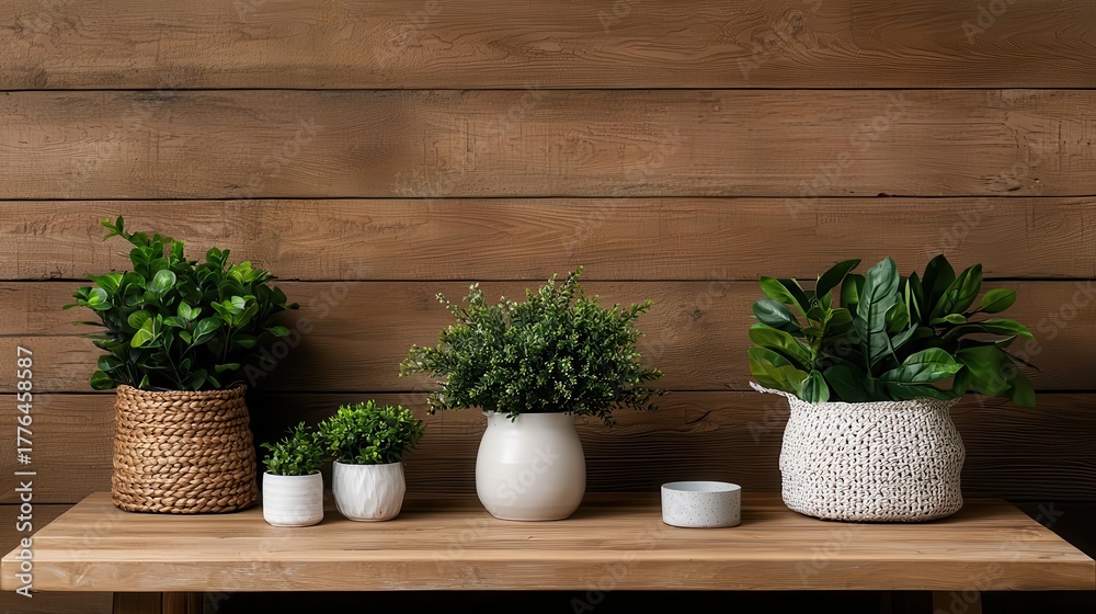Fototapeta premium Cozy wooden living room with a rustic coffee table, warm beige tones, and greenery accents
