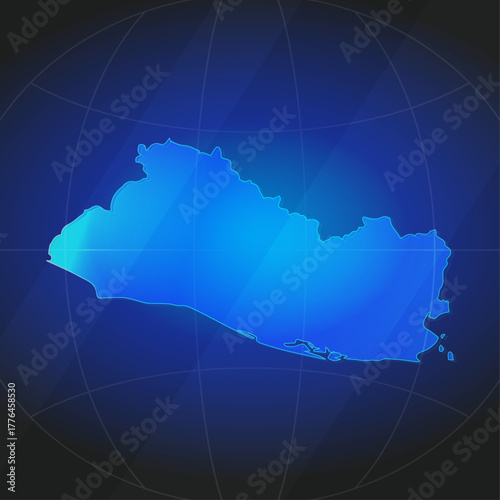 An illustration of El Salvador map silhouette with glowing blue color gradient and surrounded by grid globe. Suitable for design element, background, or infographic.