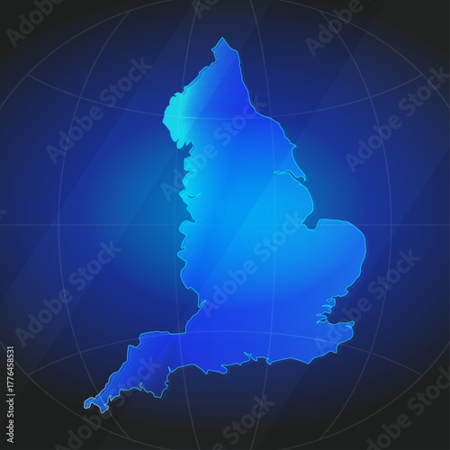 An illustration of England map silhouette with glowing blue color gradient and surrounded by grid globe. Suitable for design element, background, or infographic.