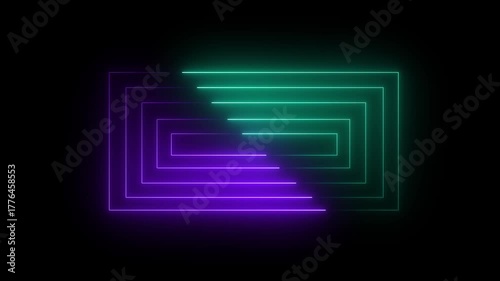 Glowing neon light rectangle, seamless loop empty animation on black background.