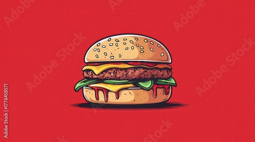 A juicy cheeseburger illustration with lettuce and sauce on a red background.