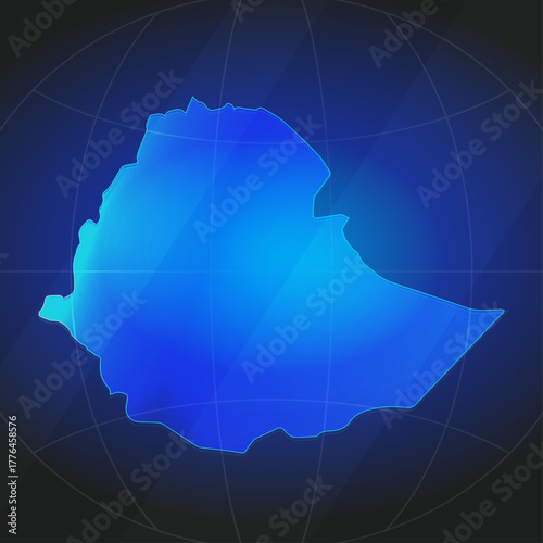 An illustration of Ethiopia map silhouette with glowing blue color gradient and surrounded by grid globe. Suitable for design element, background, or infographic.