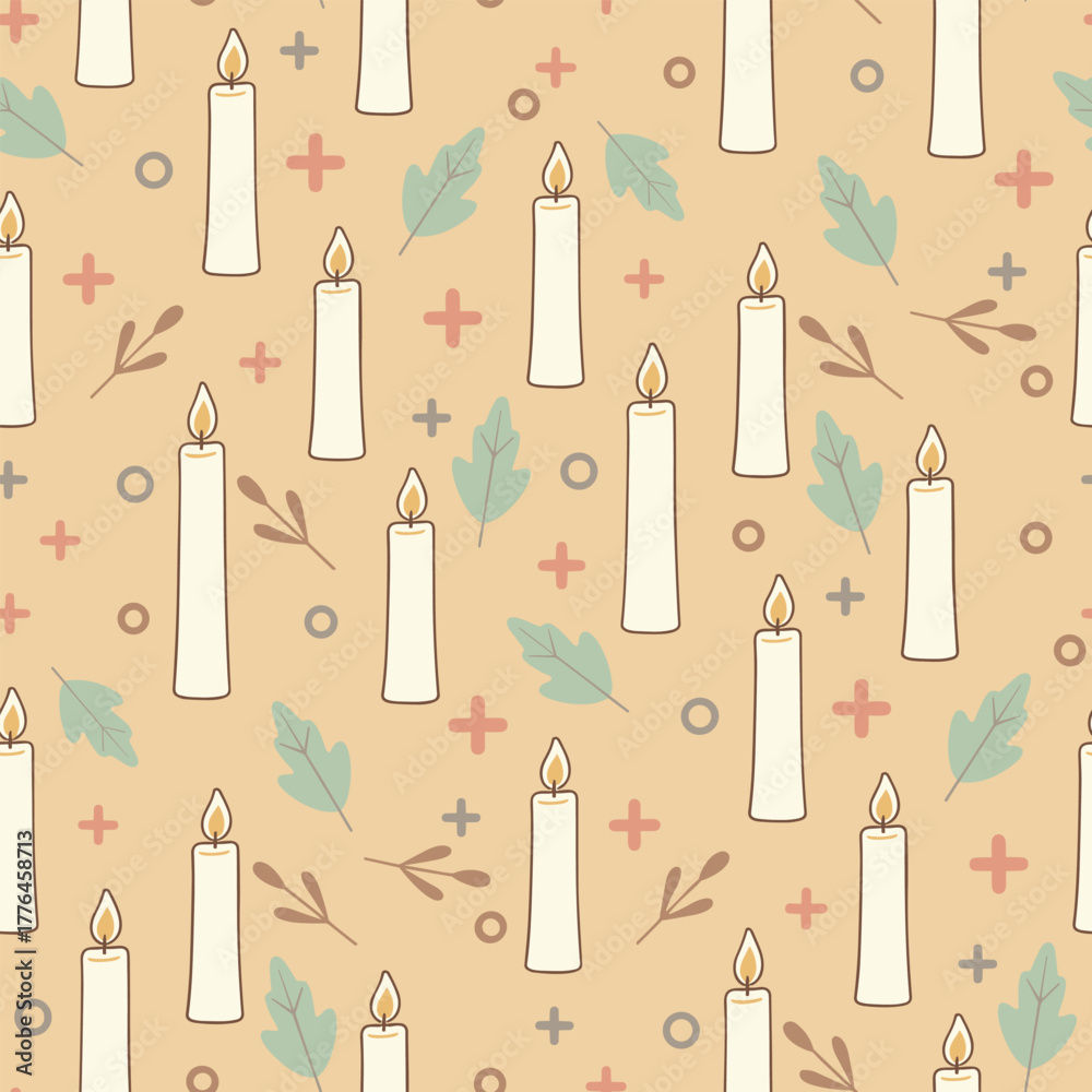 Obraz premium Modern Christmas Pattern Vector. Seamless Pattern winter Background with Candles, Leaves. Festive Holiday Wrapping Paper, Print, and Fabric.