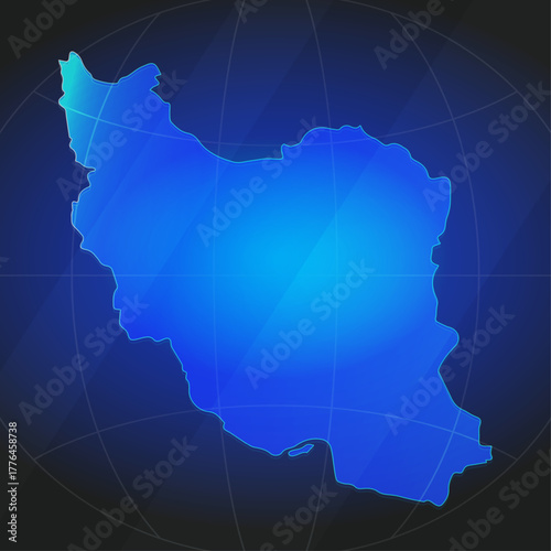 An illustration of Iran map silhouette with glowing blue color gradient and surrounded by grid globe. Suitable for design element, background, or infographic.
