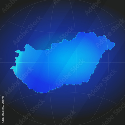 An illustration of Hungary map silhouette with glowing blue color gradient and surrounded by grid globe. Suitable for design element, background, or infographic.