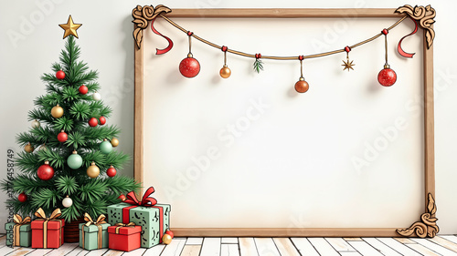 Decorative christmas pine tree bauble hanging boarder banner hand drawing illustration
