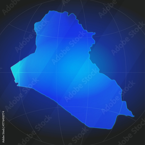 An illustration of Iraq map silhouette with glowing blue color gradient and surrounded by grid globe. Suitable for design element, background, or infographic.