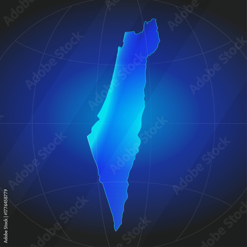 An illustration of Israel map silhouette with glowing blue color gradient and surrounded by grid globe. Suitable for design element, background, or infographic.
