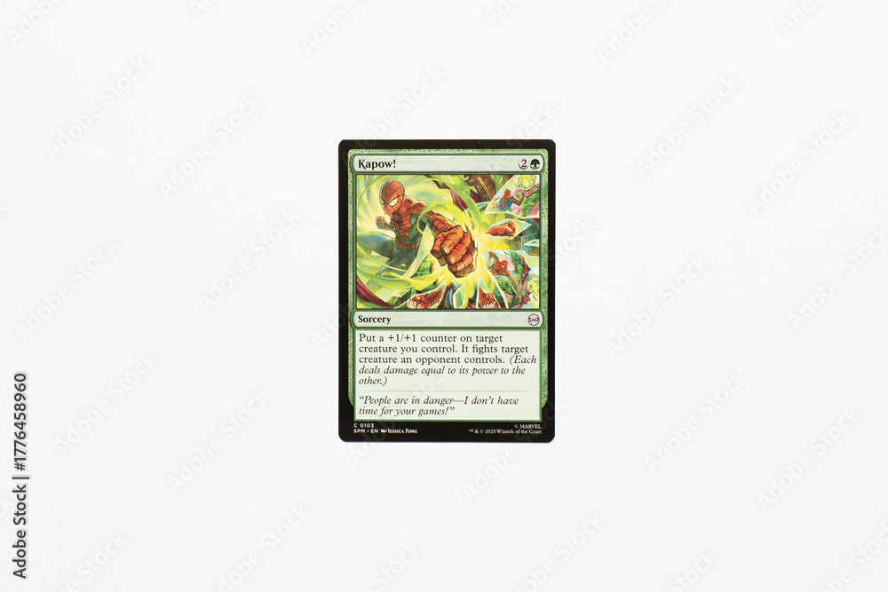 Naklejka premium Bradford, UK Nov 3 2025 Kapow! card from Spider-man magic the gathering card game shot isolated on a white paper background.