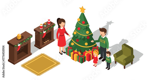 Family celebrating christmas by the tree in cozy isometric living room scene