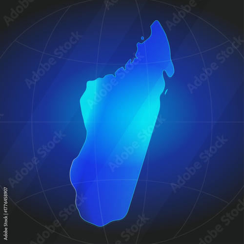 An illustration of Madagascar map silhouette with glowing blue color gradient and surrounded by grid globe. Suitable for design element, background, or infographic.
