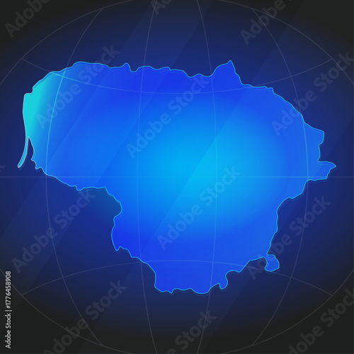 An illustration of Lithuania map silhouette with glowing blue color gradient and surrounded by grid globe. Suitable for design element, background, or infographic.