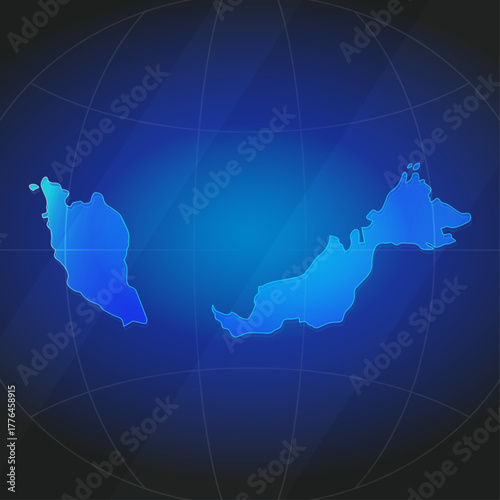 An illustration of Malaysia map silhouette with glowing blue color gradient and surrounded by grid globe. Suitable for design element, background, or infographic.