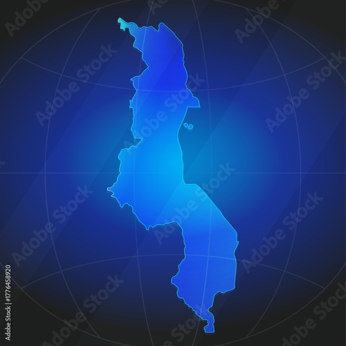 An illustration of Malawi map silhouette with glowing blue color gradient and surrounded by grid globe. Suitable for design element, background, or infographic.