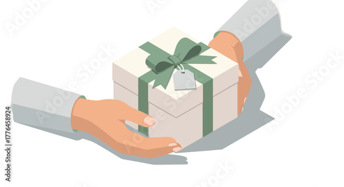 Hands exchanging gift box with green ribbon in minimalist style