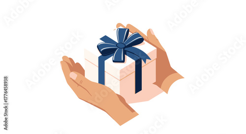 Elegant gift box with blue ribbon in hands on white background