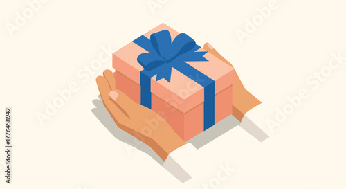 Isometric gift box with blue ribbon held in hands on neutral background