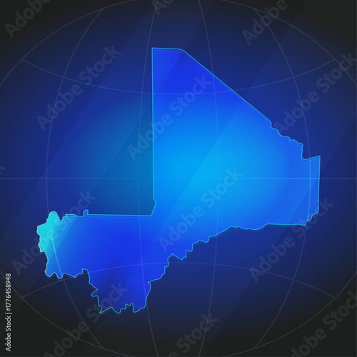An illustration of Mali map silhouette with glowing blue color gradient and surrounded by grid globe. Suitable for design element, background, or infographic.