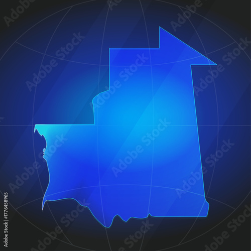 An illustration of Mauritania map silhouette with glowing blue color gradient and surrounded by grid globe. Suitable for design element, background, or infographic.