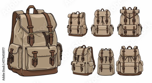 Brown leather backpack collection with transparent background