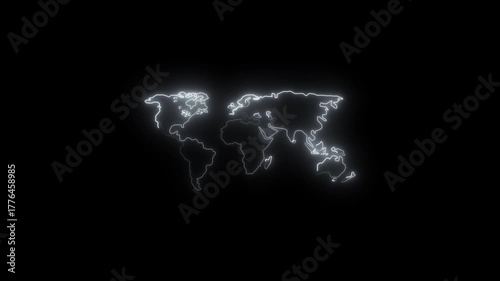 Neon glowing white color world map icon animation in black background...