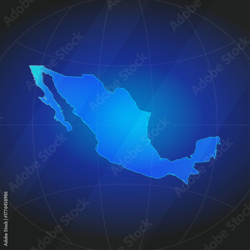 An illustration of Mexico map silhouette with glowing blue color gradient and surrounded by grid globe. Suitable for design element, background, or infographic.