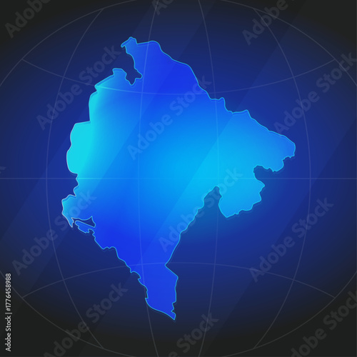 An illustration of Montenegro map silhouette with glowing blue color gradient and surrounded by grid globe. Suitable for design element, background, or infographic.
