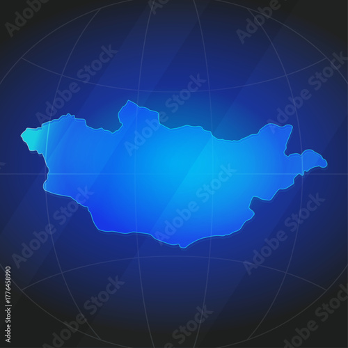 An illustration of Mongolia map silhouette with glowing blue color gradient and surrounded by grid globe. Suitable for design element, background, or infographic.