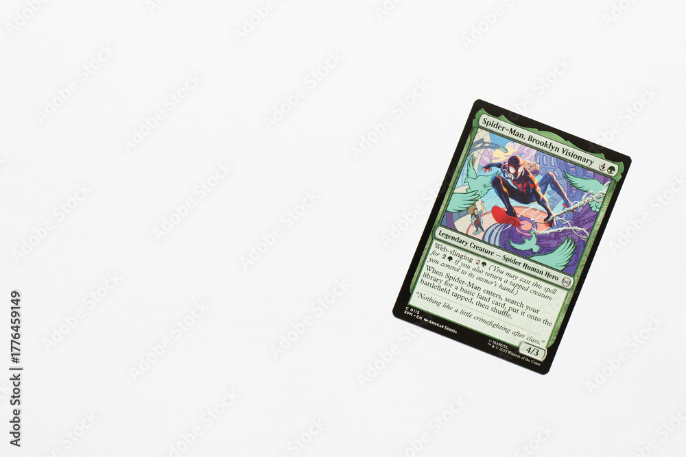 Naklejka premium Bradford, UK Nov 3 2025 Spider-man Brooklyn Visionary card from Spider-man magic the gathering shot isolated on a white paper background.