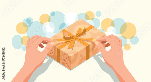 Unwrapping a gift with ribbon in modern flat style with abstract background