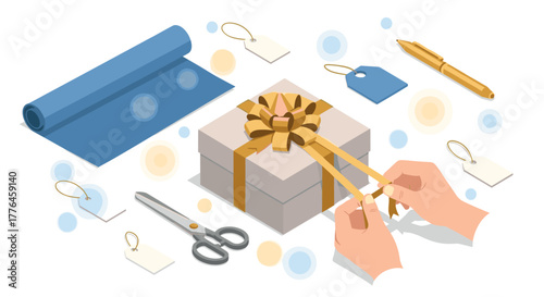 Gift wrapping supplies with hands tying bow in isometric style