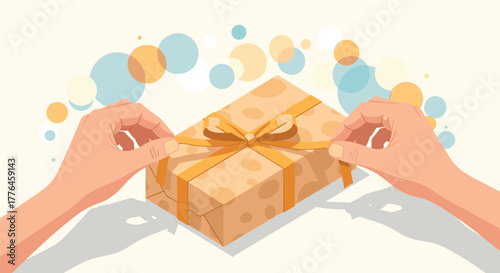 Opening a gift box with bow and decorative ribbon in flat design