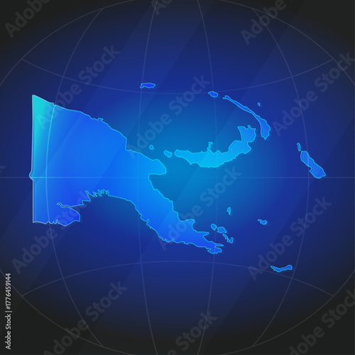An illustration of Papua New Guinea map silhouette with glowing blue color gradient and surrounded by grid globe. Suitable for design element, background, or infographic.